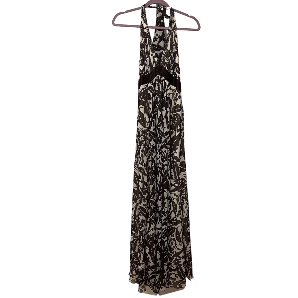 Vintage BCBG MaxAzaria 90s 100% Silk Maxi Dress - Brown/White Embellished - 4